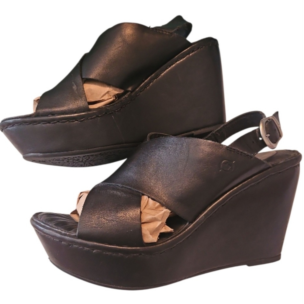 BORN EMMY II WEDGE LEATHER SANDALS